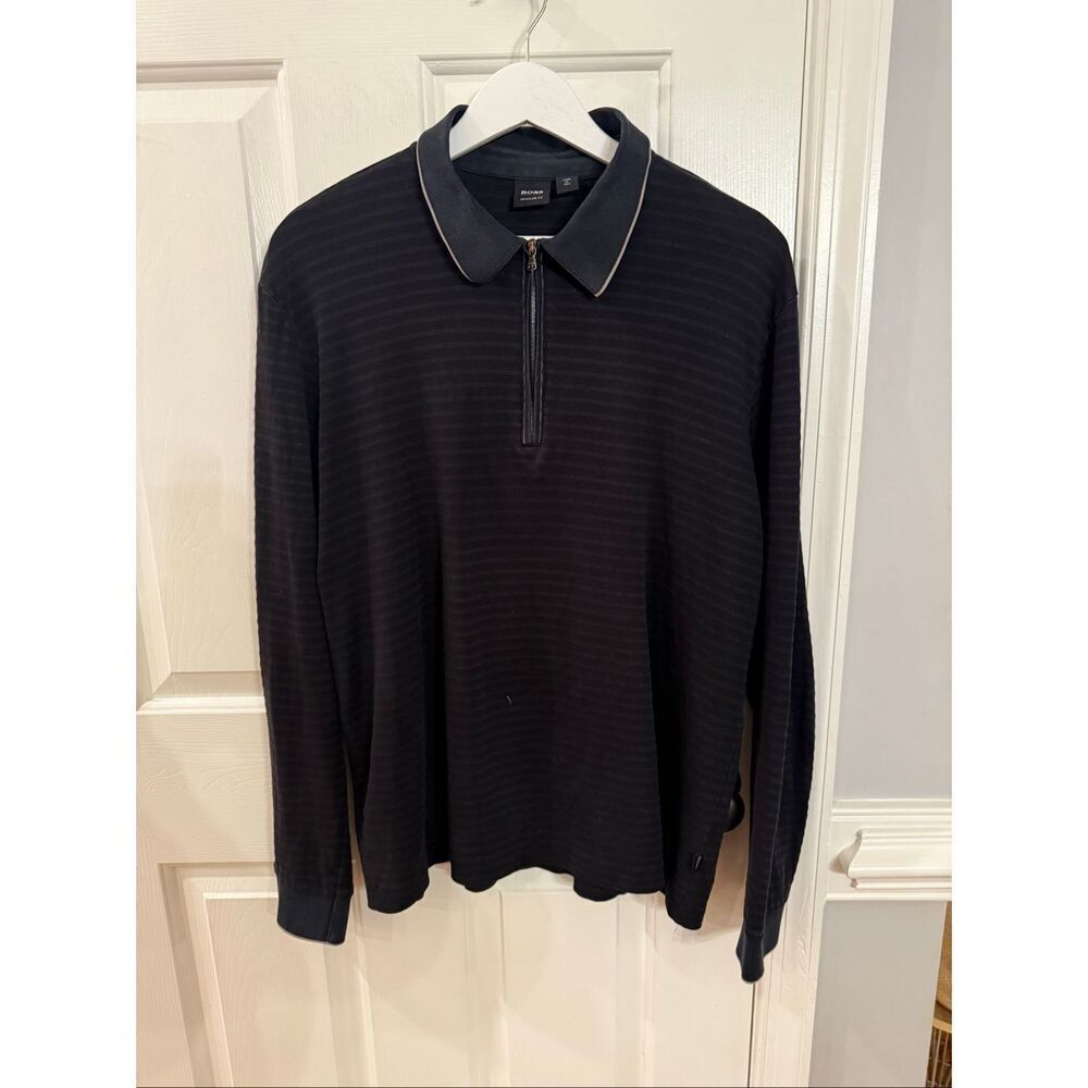 Boss Hugo Boss Black on Black Stripe Quarter Zip Long Sleeve Polo Shirt sz XL EU